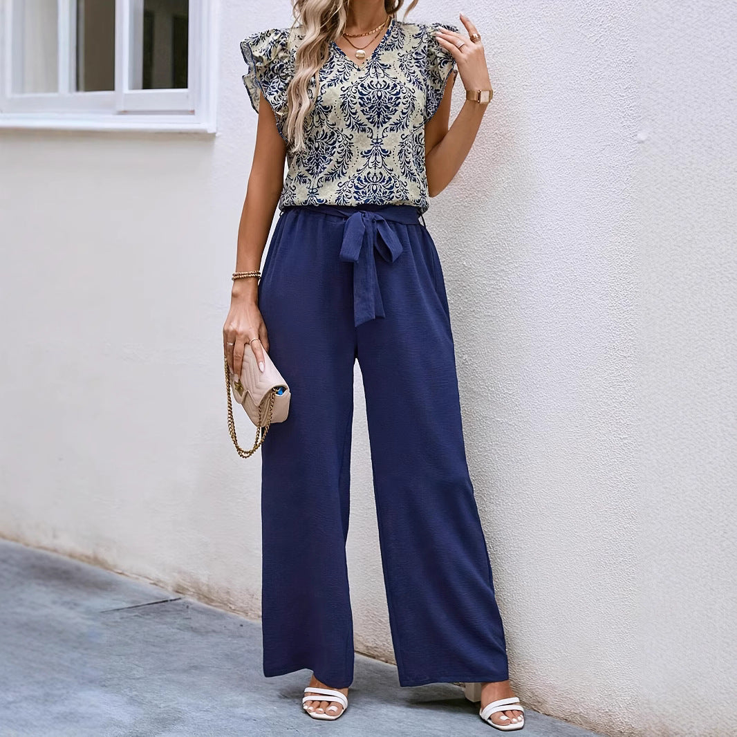 Women’s Matching Set – V-Neck Floral Top Relaxed Fit – Wide-Leg Pants with Belt