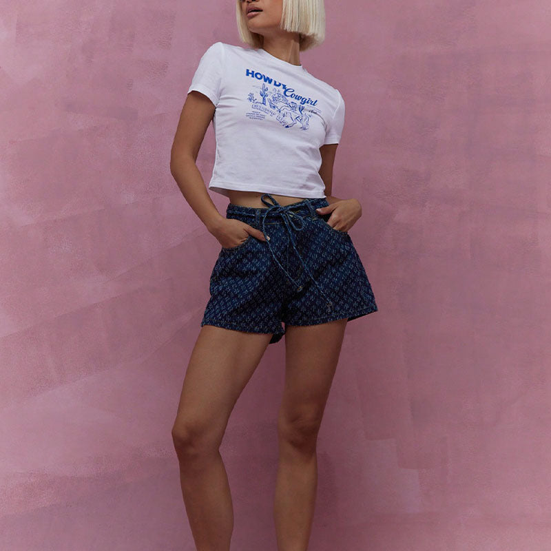 Women’s Denim Shorts – High Waist – Relaxed Fit – Adjustable Drawstring – Front Pockets