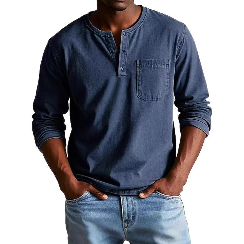 Men’s Long Sleeve T-Shirt – Slim Fit – Cotton Blend – Button Neck – Chest Pocket