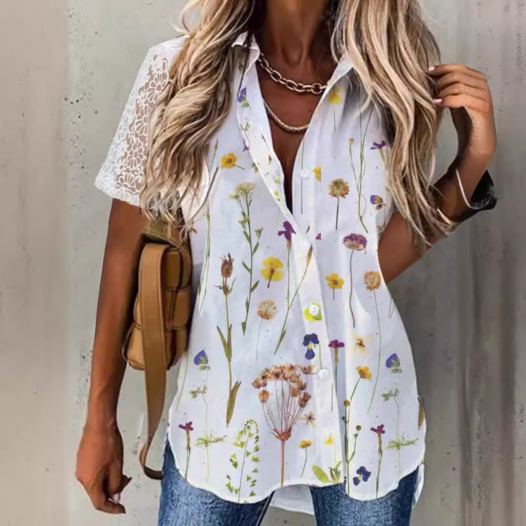 Women’s Blouse – Relaxed Fit – Floral Print – Lace Sleeve – Button Front – Breathable Blend