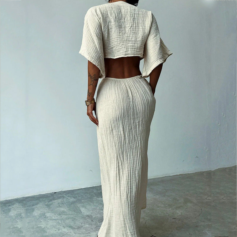 Women’s Maxi Dress – Slim Fit – V-Neck – Waist Cut-Out – Backless – Tie Front