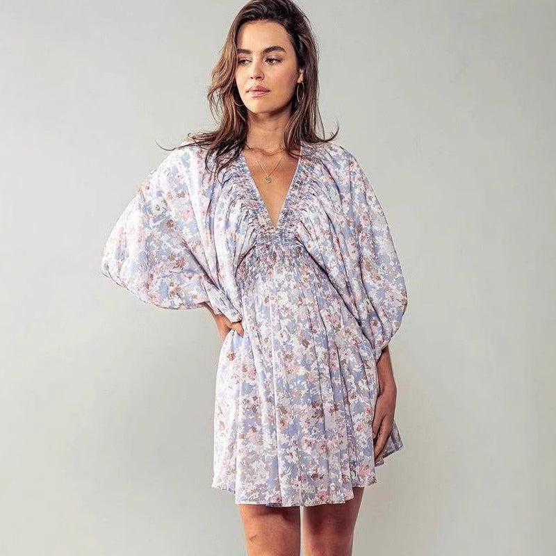 Women’s Mini Dress – Floral Print – A-Line Fit – V-Neck – Ruching Waist – Bell Sleeve