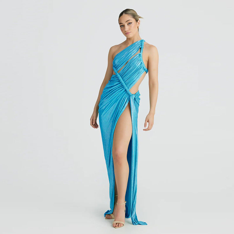 Women’s Evening Gown – Bodycon Fit – One Shoulder – Satin Look – High Slit – Cut-Out Draped