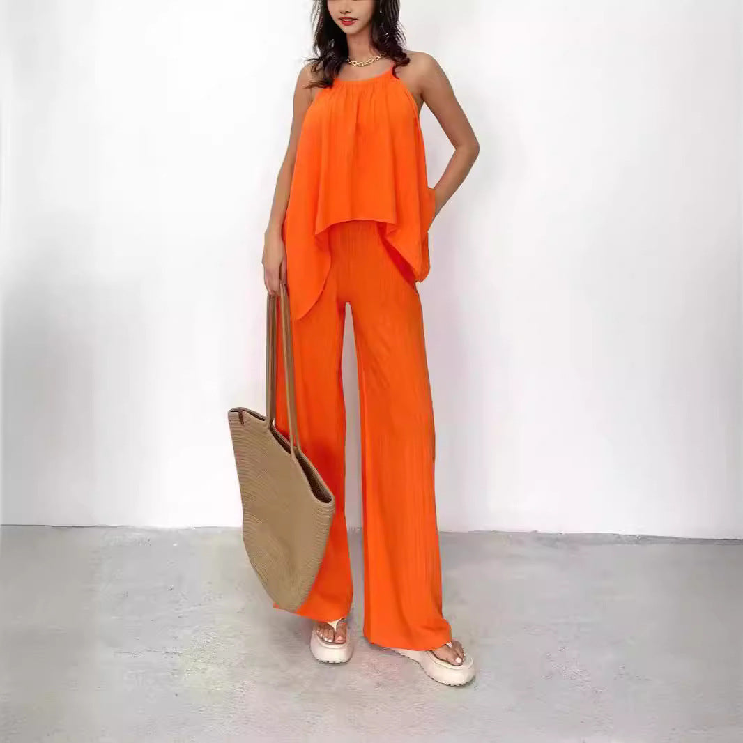 Women’s Halter Top and Pants Set – Draped Asymmetric Top – Wide Leg Relaxed Fit