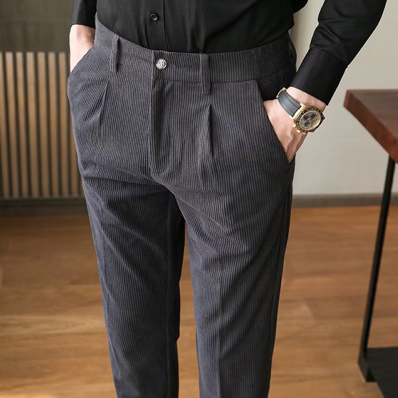 Men’s Corduroy Trousers – Slim Fit – Pleated Front – Full Length – Smart Casual