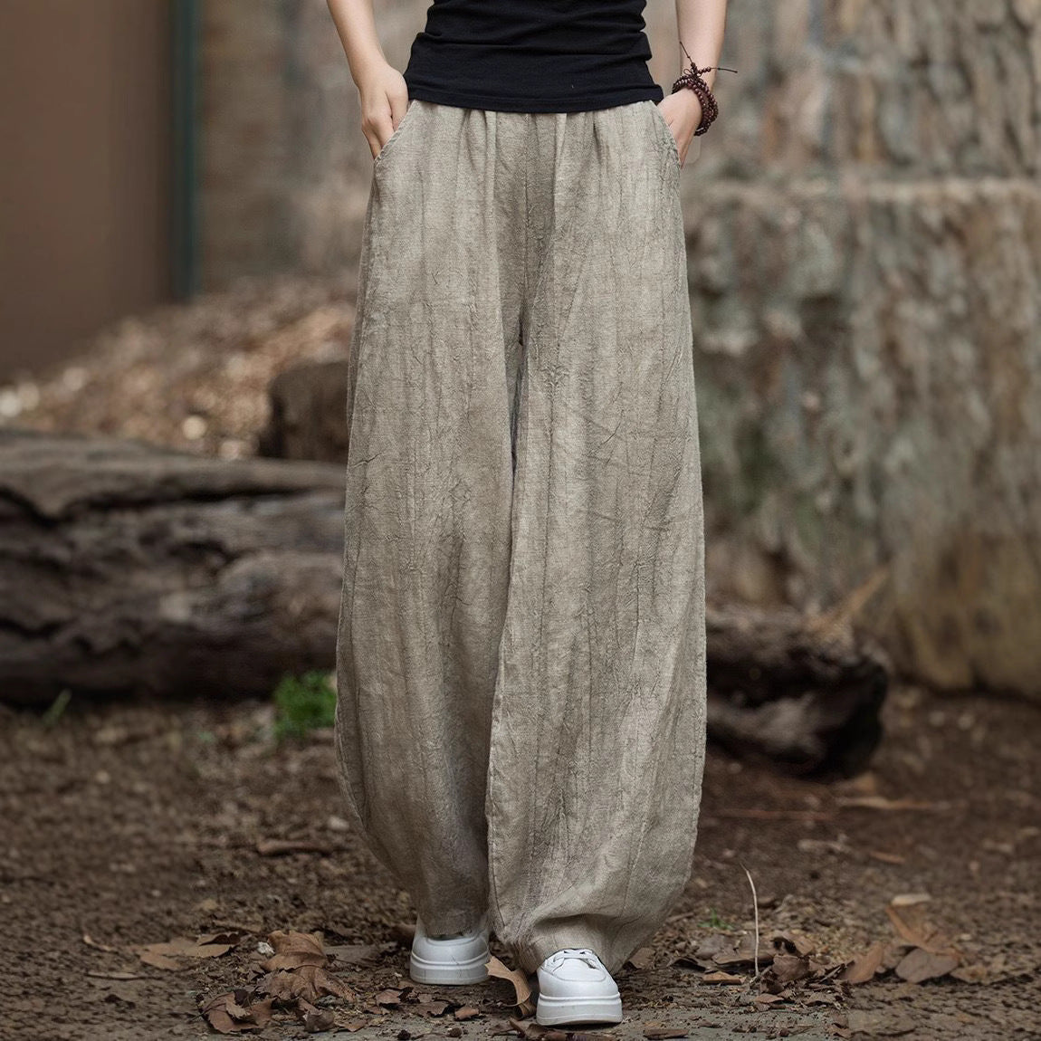 Women’s Pants – Cotton Linen Blend – Relaxed Fit – Lantern Style – Full Length