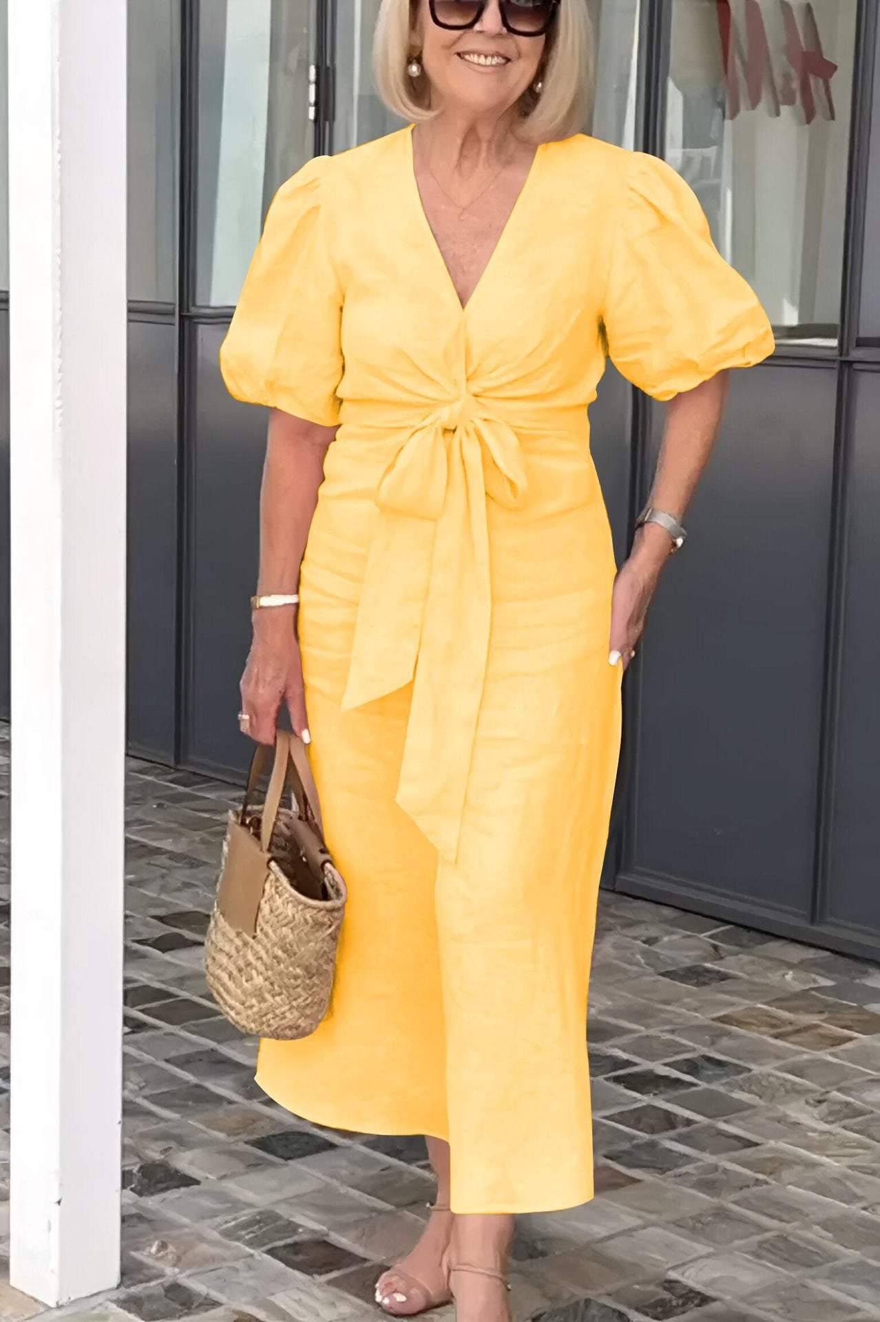 Women’s Midi Dress – V-Neck – Tie-Front Waist – Puff Sleeve – Natural Fibers – Relaxed Fit