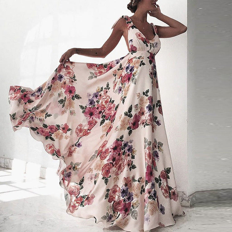 Women’s Maxi Dress – Sleeveless Flowy Fit – Floral Print – Open Back – Formal Wear