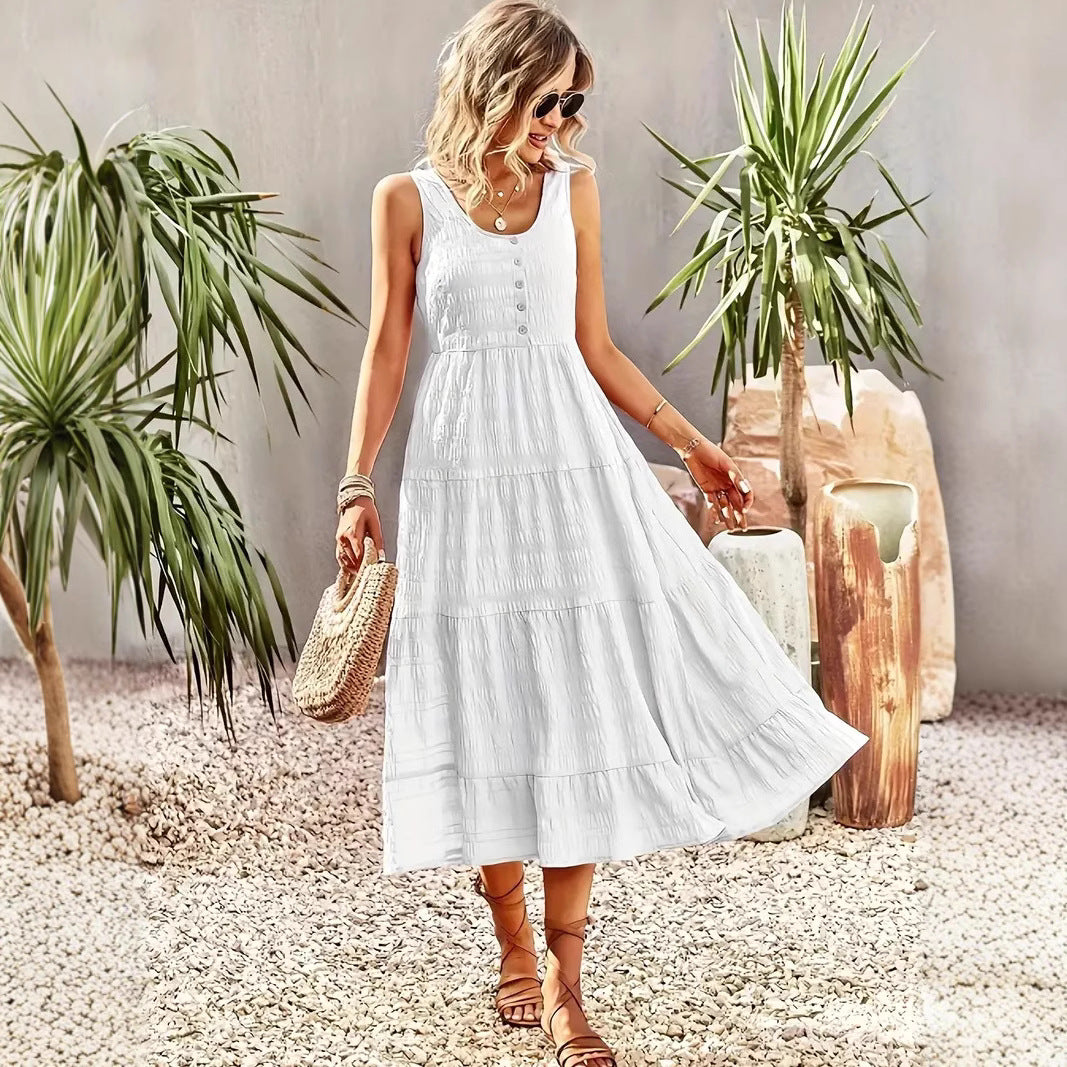 Women’s Maxi Dress – Sleeveless A-Line – U-Neck – Tiered Skirt – Button Front
