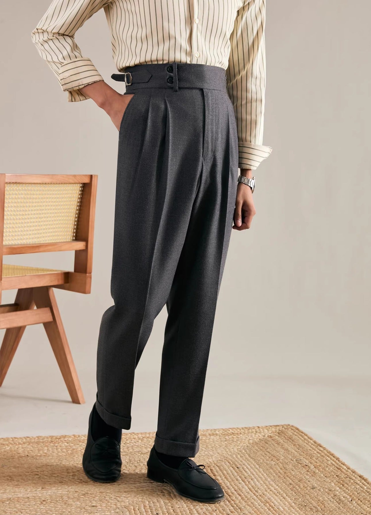 Men's High-Waisted Business Casual Trousers with Pleats and Side Adjusters