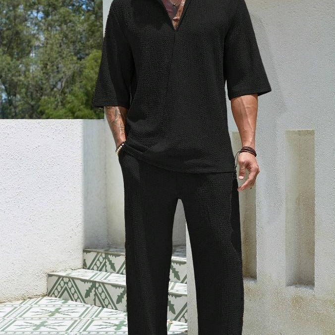 Men’s Shirt and Pants Set – Relaxed Fit – Lightweight Cotton – Button-Up Half Sleeve