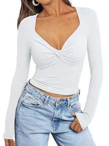 Women’s Long Sleeve Top – Slim Fit – V-Neck – Cropped Twist Front Design