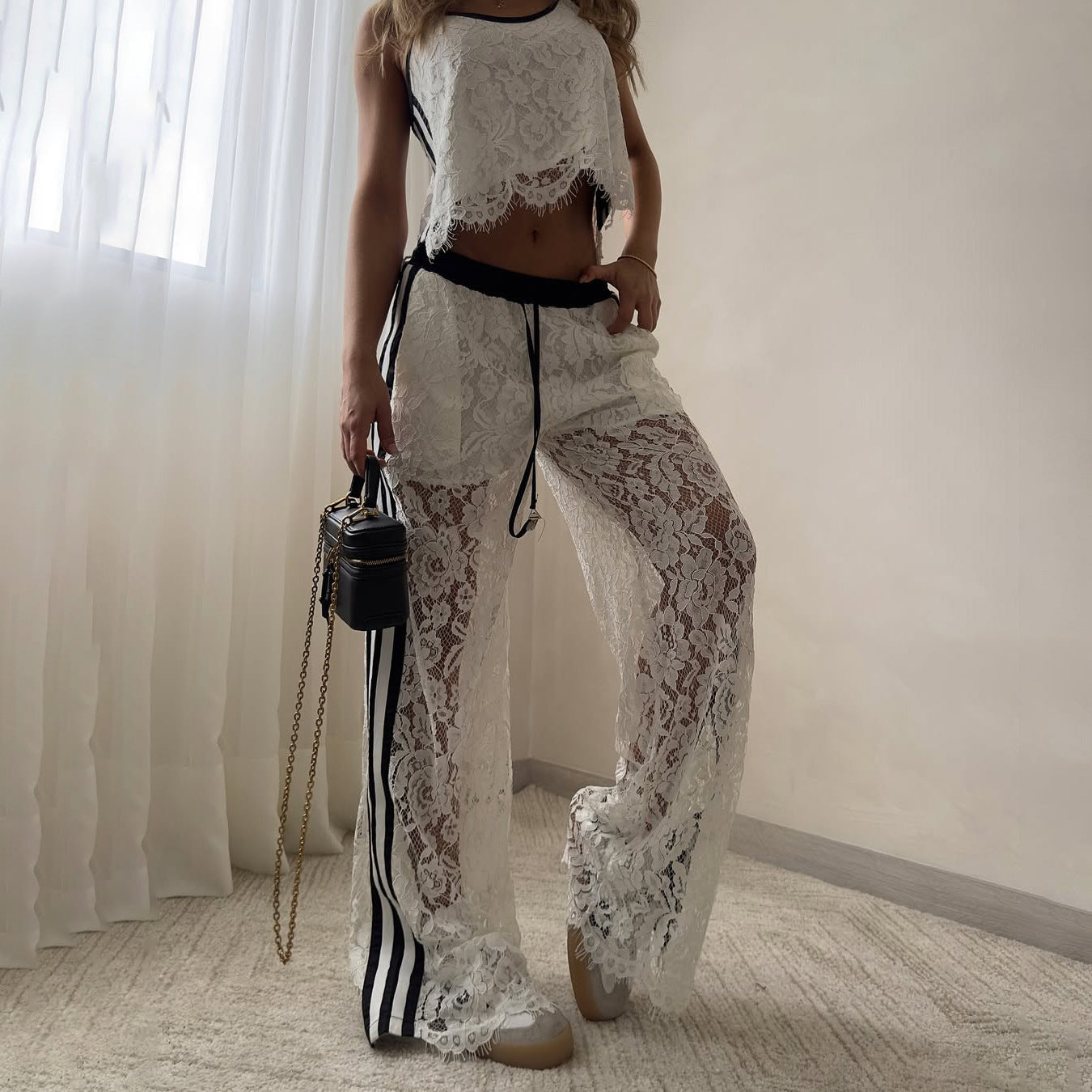 Women’s Two-Piece Set – Lace Texture – Cropped Camisole – Drawstring Pants – Relaxed Fit