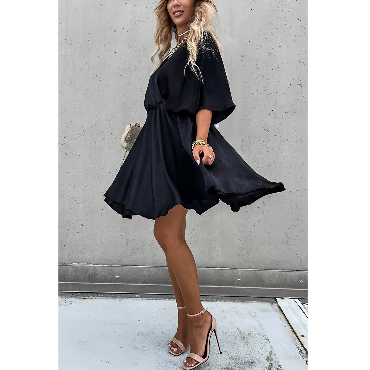 Women’s Dress – Relaxed Fit – Batwing Sleeves – V-Neck – Asymmetrical Hem – Knot Front