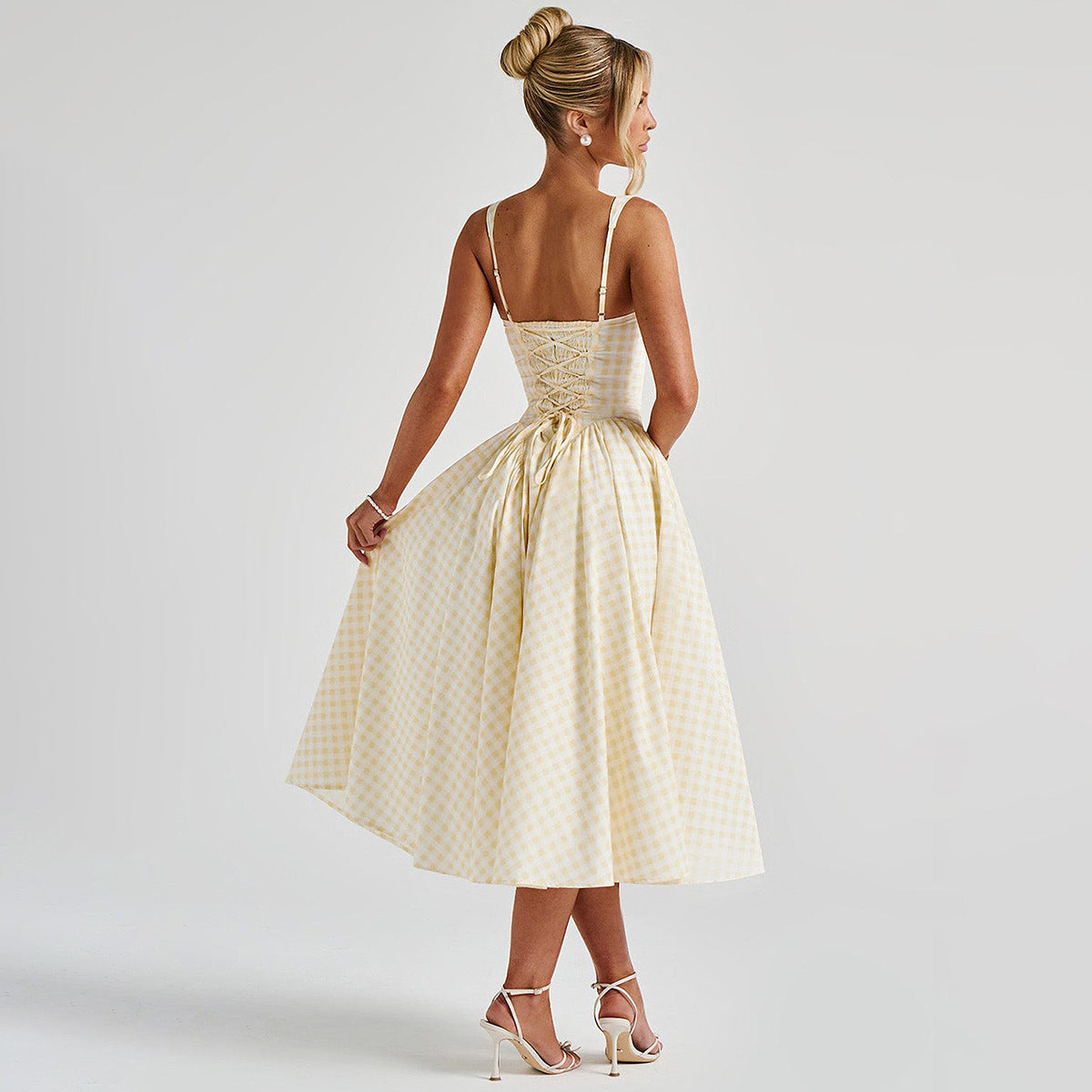 Women’s Midi Dress – Princess Silhouette – Square Neck – Spaghetti Straps – Checkered Pattern