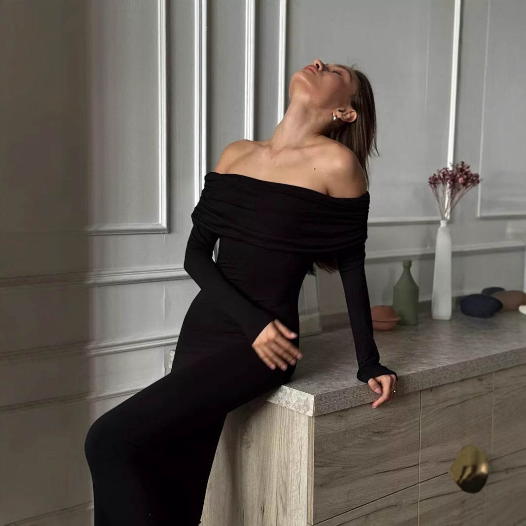 Women’s Maxi Dress – Off-Shoulder – Bodycon Fit – Stretch Fabric – Long Sleeve Evening Wear