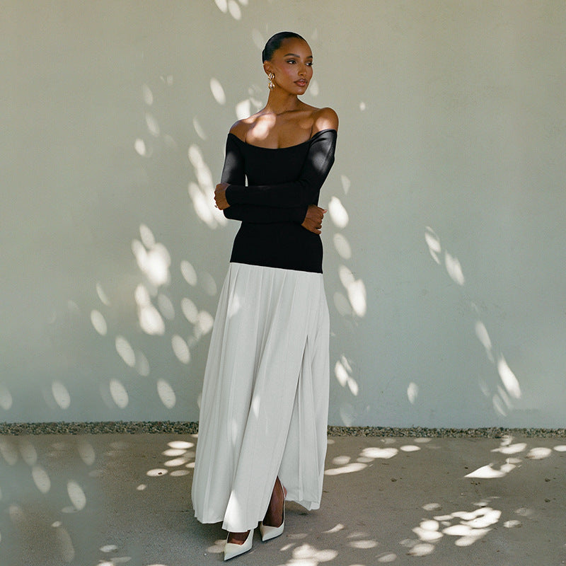 Women’s Off-Shoulder Dress – Fitted Bodice – Long Sleeve – Pleated Full-Length Skirt