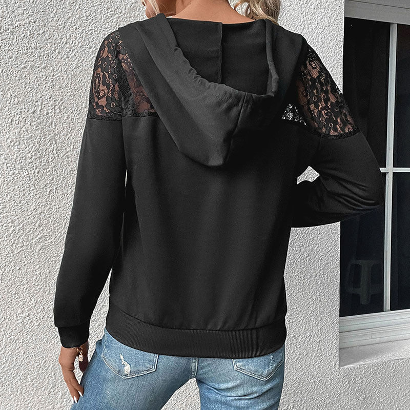 Women’s Hoodie – Relaxed Fit – Soft Knit – Lace Detail – Drawstring Hood – Kangaroo Pocket
