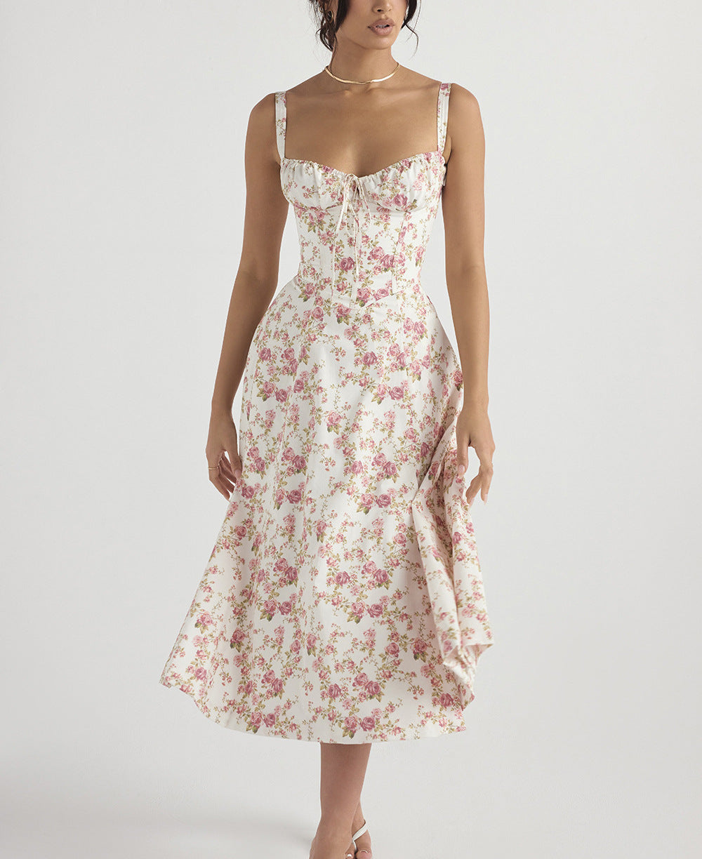 Women’s Midi Dress – Sleeveless – Tie Front – Floral Print – High Slit – Cotton Blend