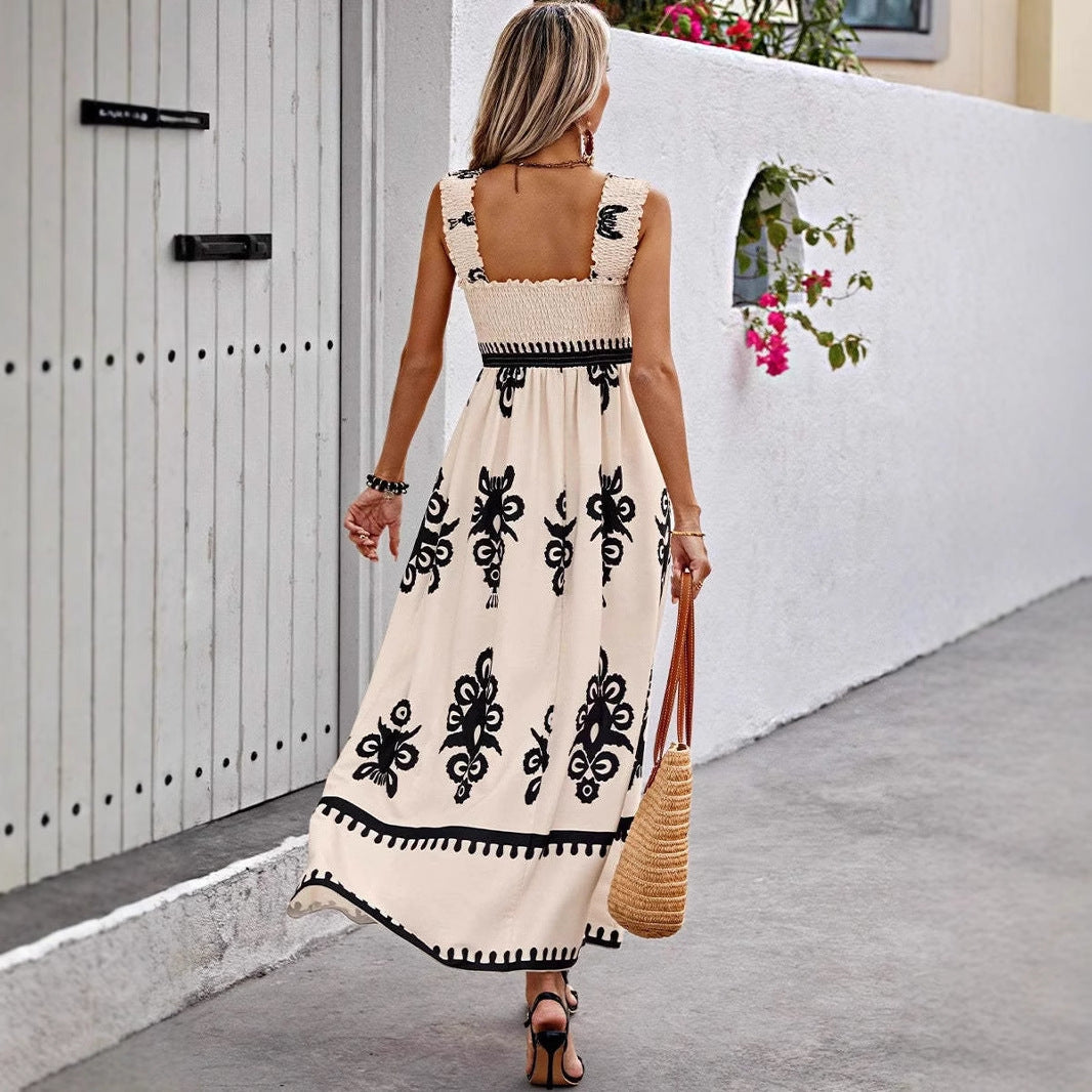 Women’s Maxi Dress – Lightweight Cotton – Shirred Bodice – Bohemian Print – Ruffle Straps