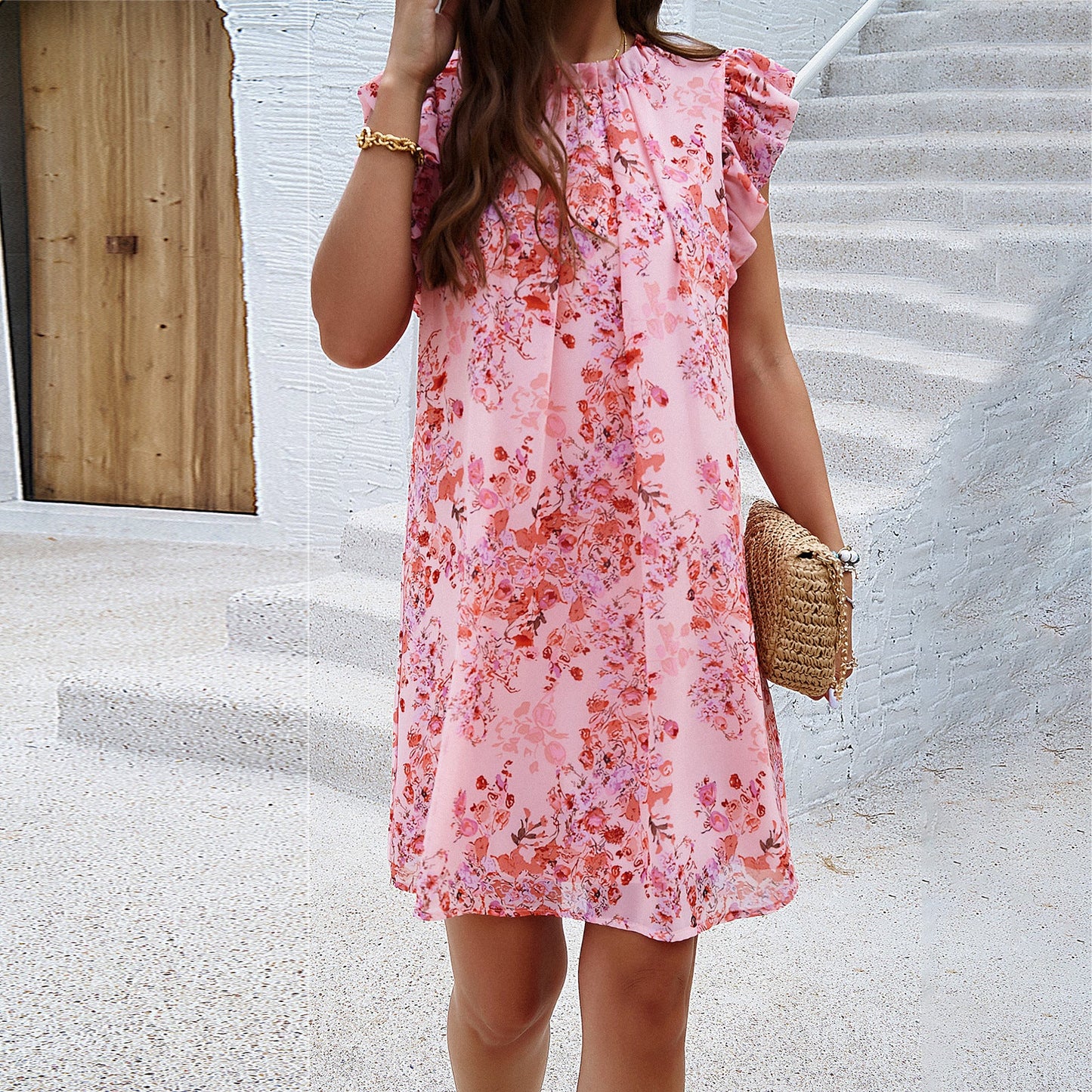 Women’s Sleeveless Dress – A-Line Fit – Ruffled Cap Sleeves – Floral Print – Lightweight