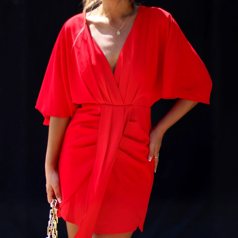 Women’s Skater Dress – V-Neck – Draped Waist – Asymmetrical Hem – Soft Breathable Fit