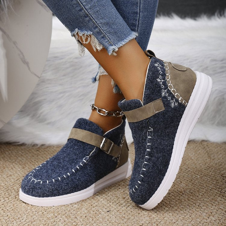 Women’s Ankle Boots – Slip-On Comfort – Buckle Strap – Textured Finish – Casual Fit