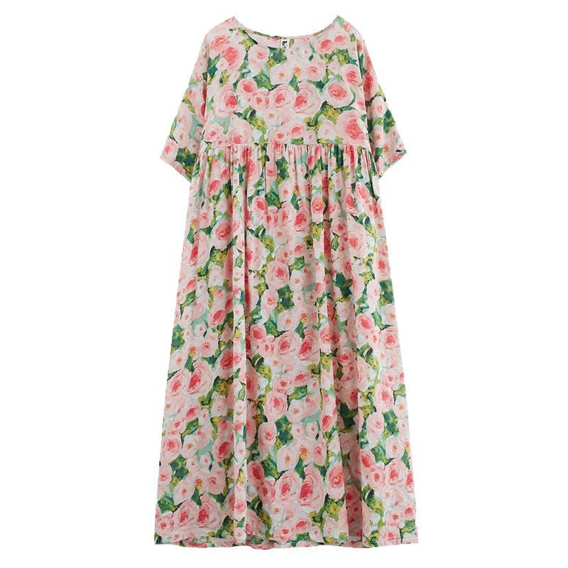 Women’s Long Dress – Floral Print – Loose Fit – Cotton Blend – 3/4 Sleeve Maxi