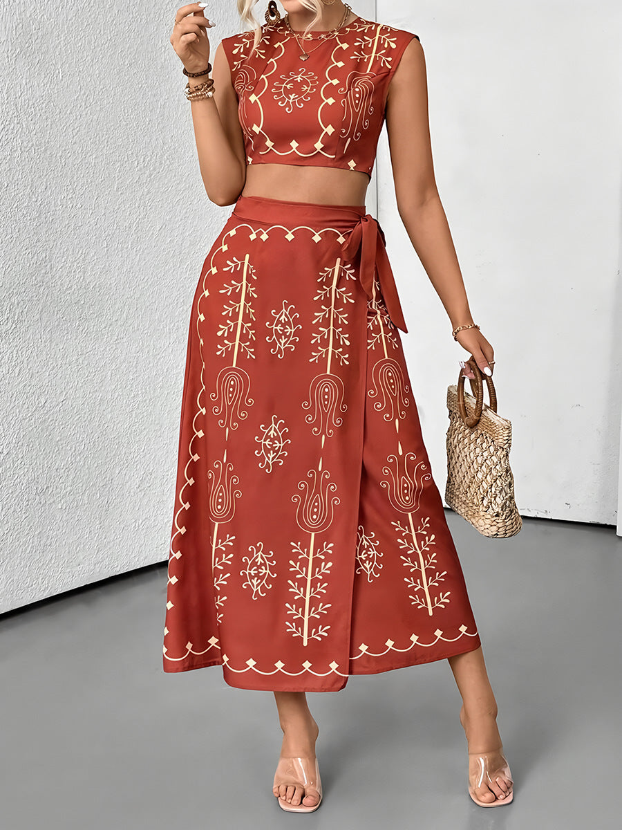 Women’s Two-Piece Set – Embroidered Sleeveless Crop Top & Wrap Midi Skirt – Breathable Fabric