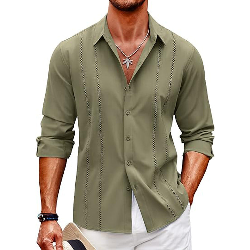 Men’s Long Sleeve Shirt – Slim Fit – Cotton Blend – Button-Front – Minimalist Vertical Dot Detailing