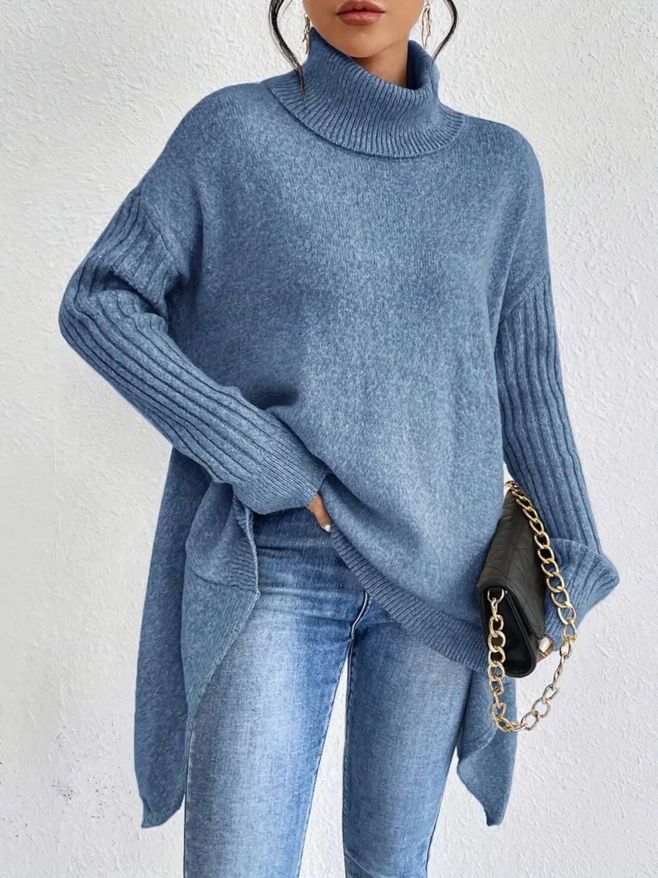 Women’s Turtleneck Sweater – Oversized Fit – Knitted Wool Blend – Asymmetrical Hem