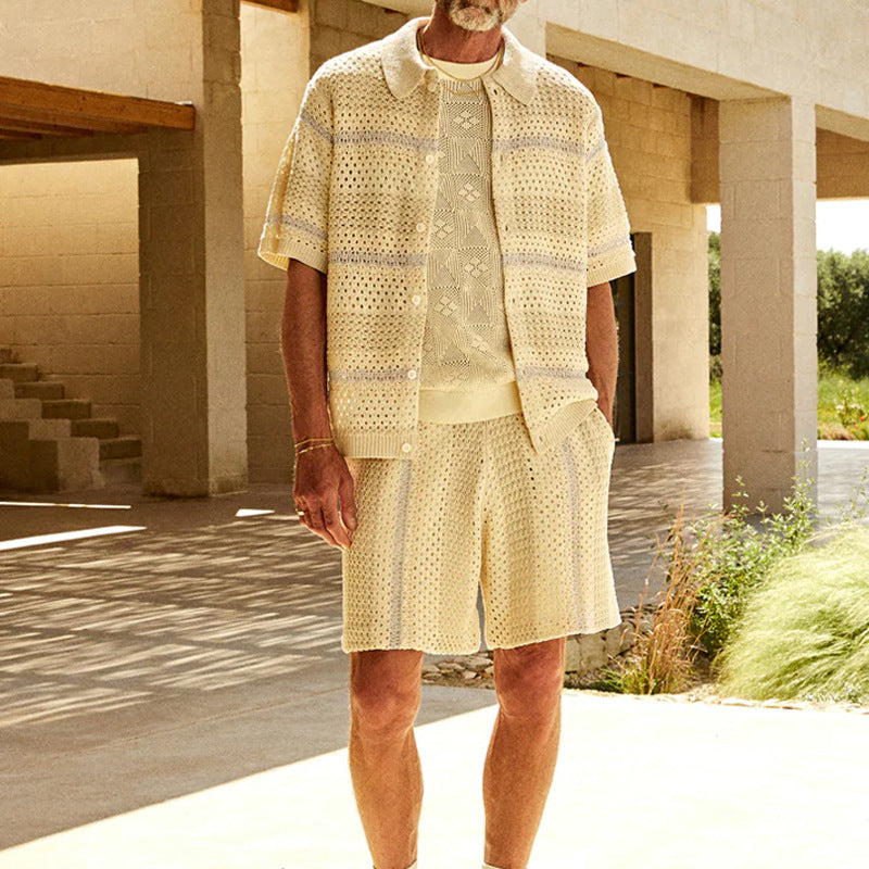 Men’s Knit Cardigan and Shorts Set – Relaxed Fit – Lightweight Open Knit – Button Front
