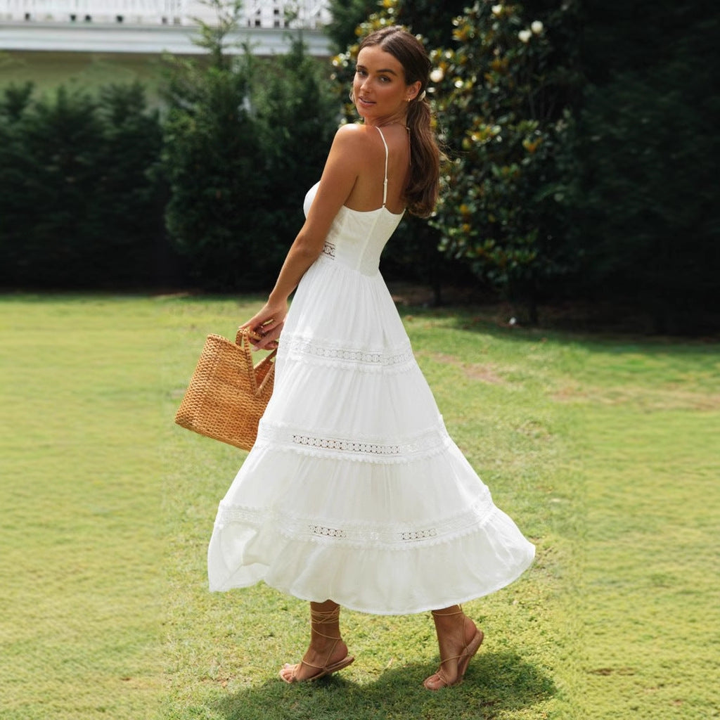 Women’s Sundress – Cotton Blend – Flowy Fit – Tiered Skirt – Lace Trim – Spaghetti Straps