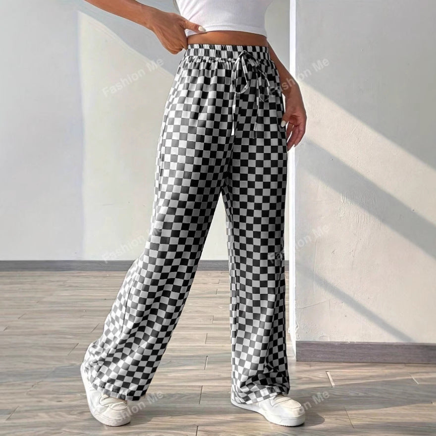 Women’s Wide-Leg Trousers – Relaxed Fit – Cotton Blend – Checkered – Elastic Waist