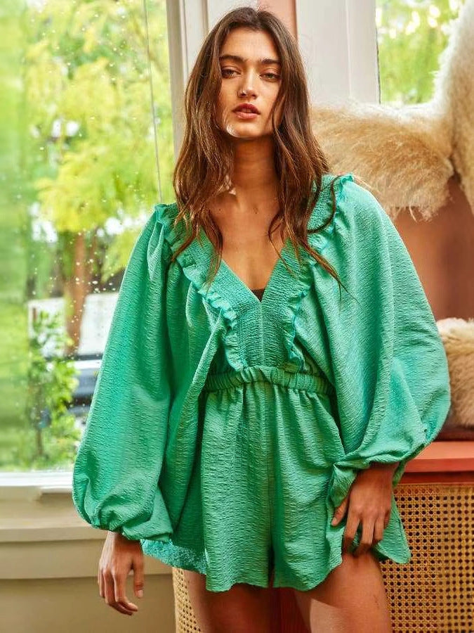 Women’s Romper – Soft Cotton Blend – Puff Sleeves – Ruffle V-Neck – Elastic Waist