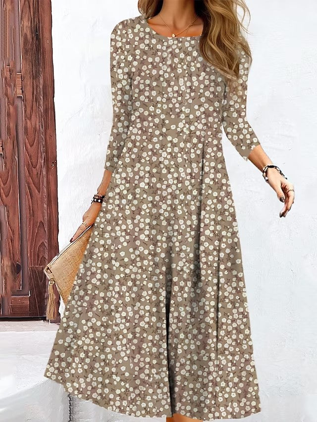 Women’s Midi Dress – Floral Pattern – Cotton – Relaxed Fit – 3/4 Sleeve