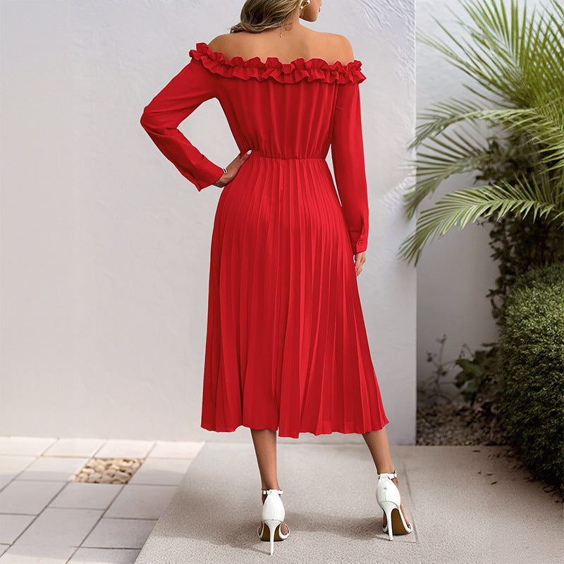 Women’s Midi Dress - Relaxed Fit - Woven Fabric - Off-Shoulder - Long Sleeve - Midi Length