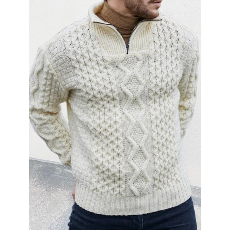 Men’s Knit Sweater – Wool Blend – Cable Knit – High Neck Zip – Regular Fit Warm Wear