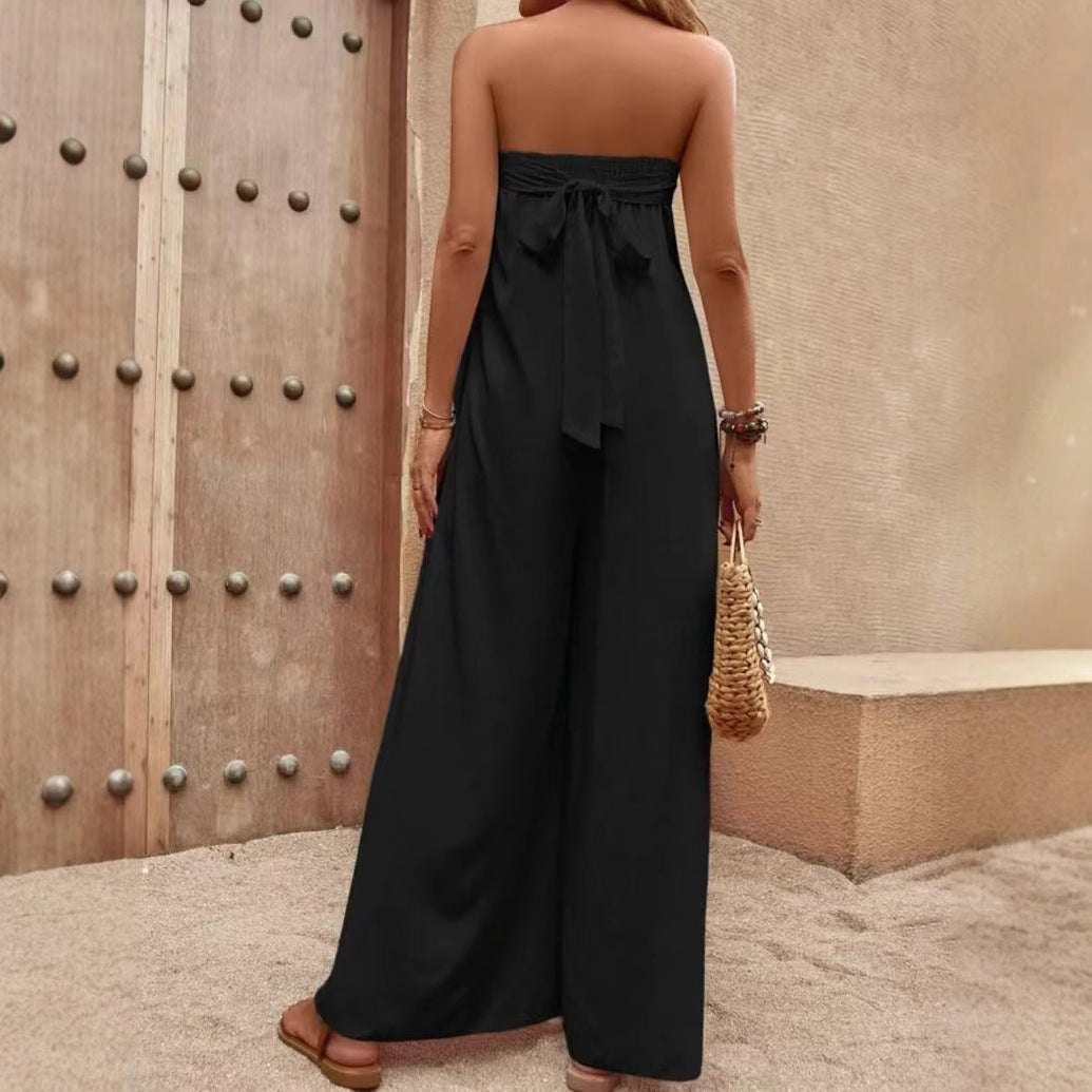 Women’s Jumpsuit – Strapless Bandeau Top – Relaxed Fit – Wide Leg – Lightweight Fabric