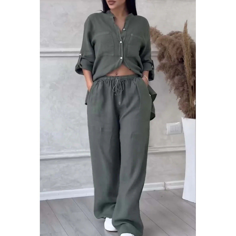 Women’s Shirt and Pants Set – Linen Blend – Relaxed Fit – Wide Leg – Button Down Top