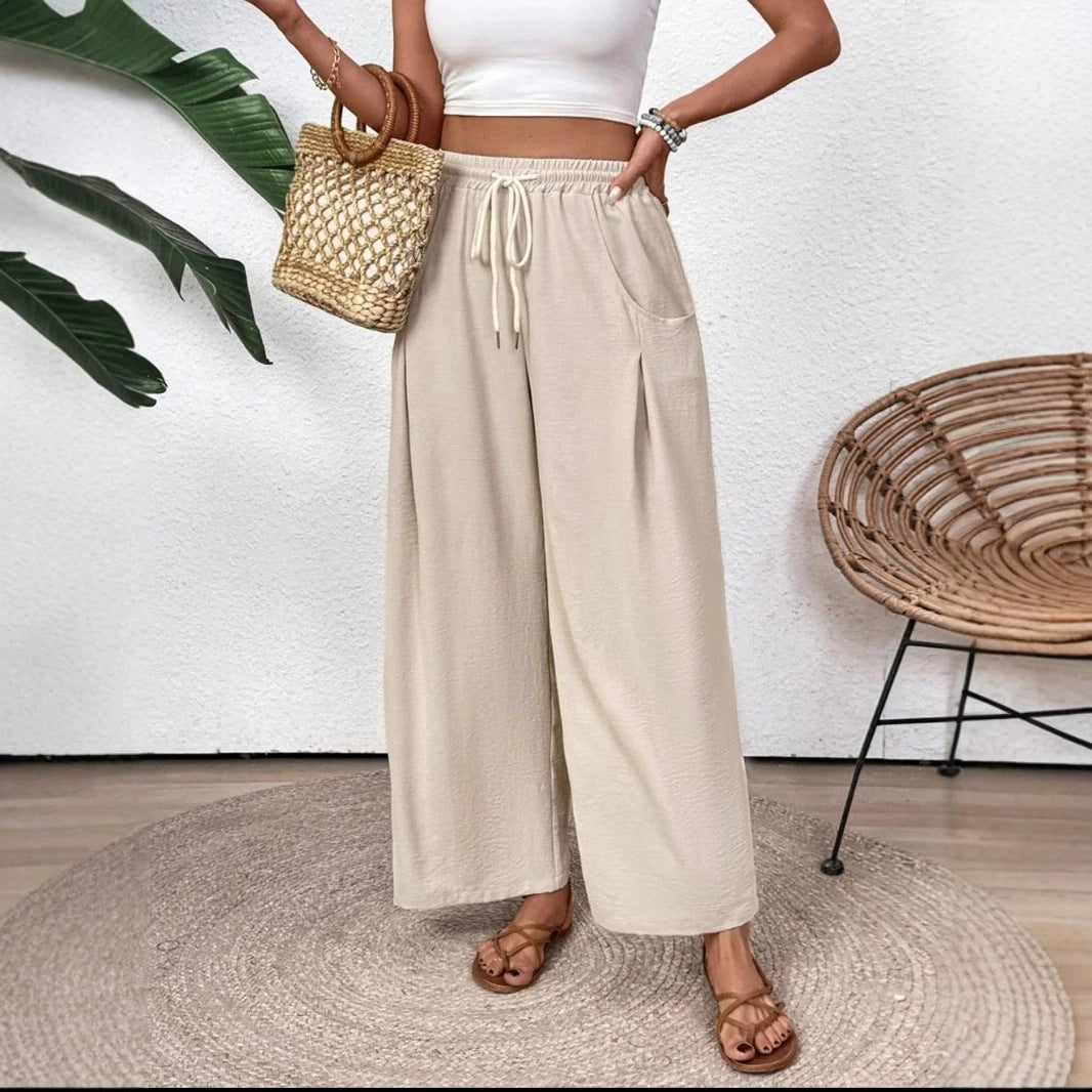 Women’s Wide-Leg Pants – Lightweight Cotton Blend – Drawstring Waist – Full Length