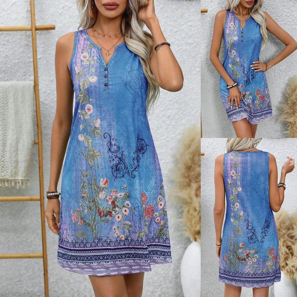 Women’s Sleeveless Dress – Relaxed Fit – Breathable Blend – Floral Geometric Print