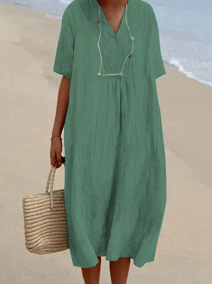 Women's Midi Dress - Loose Fit - V-Neck Short Sleeve - Lightweight Casual Wear