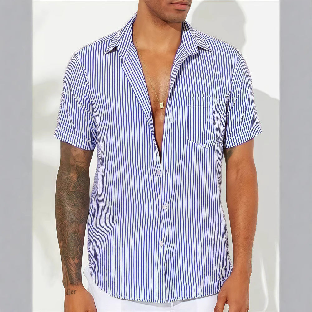 Men’s Casual Shirt – Cotton Blend – Relaxed Fit – Short Sleeve – Vertical Stripes