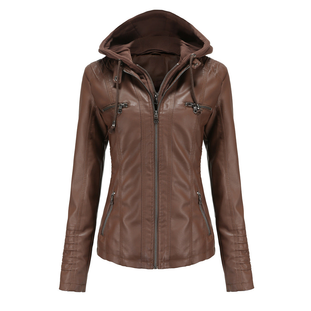 Women’s Hooded Jacket – Slim Fit – Faux Leather – Detachable Hood – Zipper Pockets
