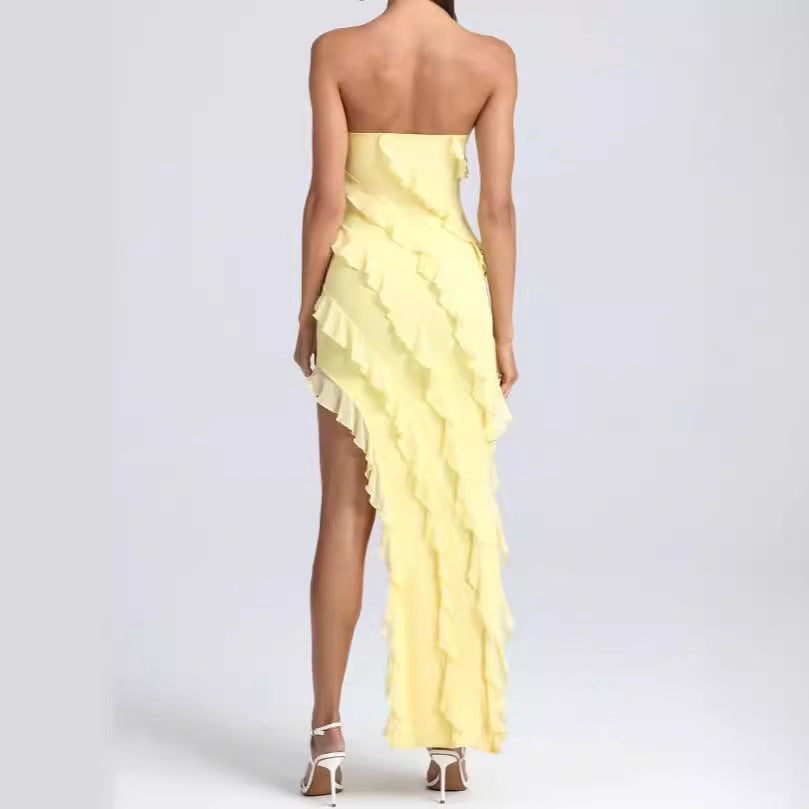 Women’s Strapless Gown – Slim Fit – Ruffle Detail – Asymmetrical Hem – Full Length