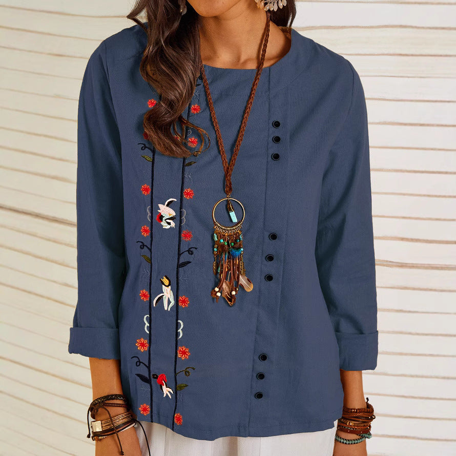 Women’s Blouse – Loose Fit – Linnen Cotton – Embroidered – Long Sleeve – Crew Neck
