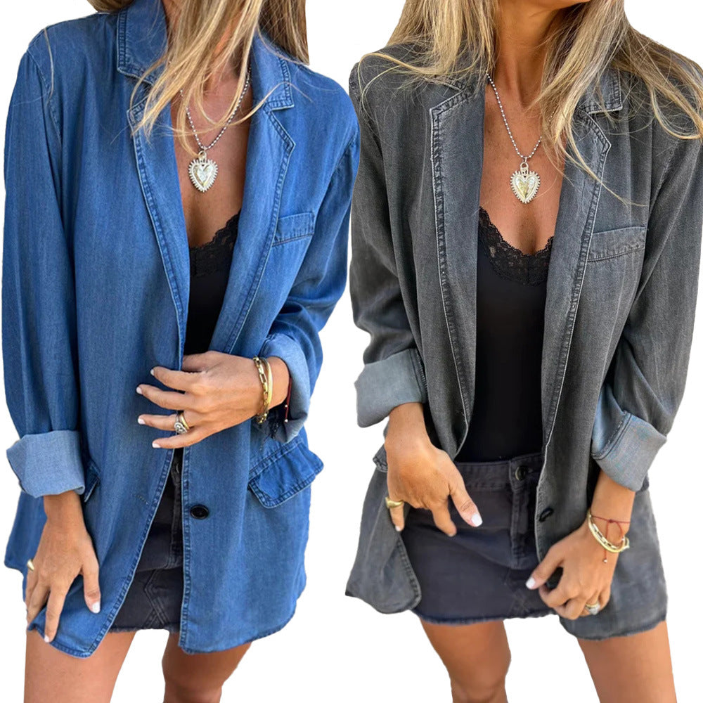 Women's Blazer Jacket - Denim - Relaxed Fit - Single Button Closure