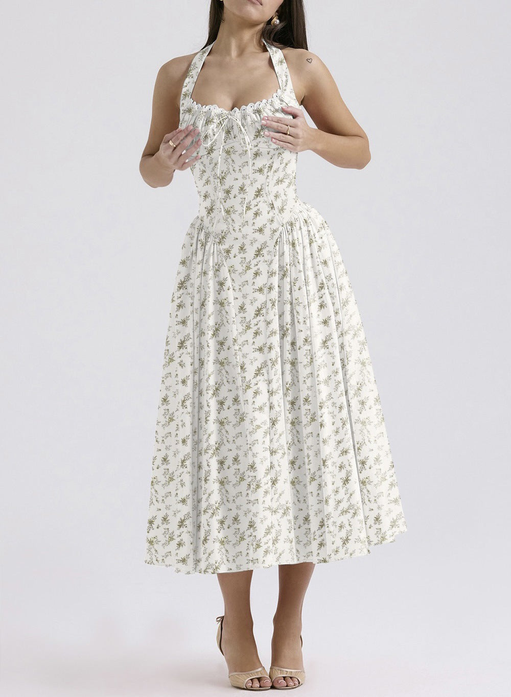 Women’s Halter Neck Dress – Slim Fit – Gathered Bodice – Backless – Midi Flared Skirt