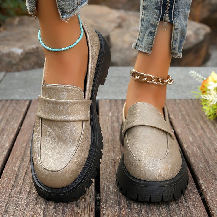 Women’s Loafers – Slip-On Round Toe – Embossed Texture – Chunky Platform Sole